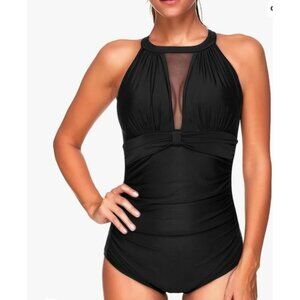 Womens Elegant Halter-Style Black Mesh One-Piece Swimsuit Size L Beach Vacation